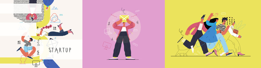 Wall Mural - Startup illustrations set. Flat line vector modern concept illustration of people, startup metaphor. Concept of building new business, planning, strategy, teamwork and management. Company processes