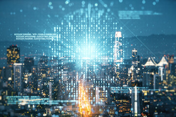 Poster - Abstract virtual code skull illustration on San Francisco skyline background. Hacking and phishing concept. Multiexposure