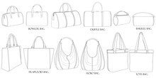 Types Of Bags. Bowling, Hobo, Trapezoid, Duffle, Barrel, Tote. A Set Of Stylish Bulky Women's Bags Isolated On A White Background. Collection Of Luxury Modern Accessories.