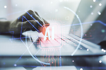 Poster - Double exposure of creative artificial Intelligence abbreviation with hand typing on computer keyboard on background. Future technology and AI concept