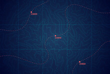 Seabed Topography Vector Topographic Map With Routes And Coordinates Conceptual User Interface Dark Blue Background. Physical Geography Sea Depth Topology Relief GPS Satellite Navigation Technology