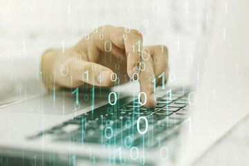 Aufkleber - Creative abstract binary code hologram and hands typing on computer keyboard on background, AI and machine learning concept. Multiexposure