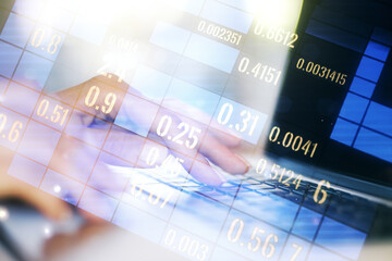 Poster - Double exposure of abstract creative statistics data hologram with hands typing on laptop on background, analytics and forecasting concept