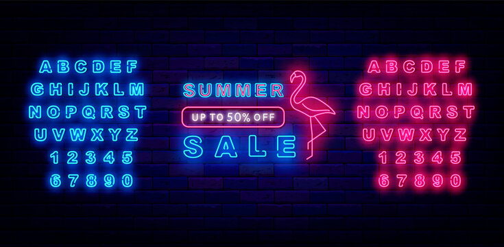 Summer sale neon signboard with flamingo. Season discount emblem. Marketing advertising. Vector illustration
