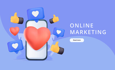 Poster - Modern 3D social marketing website template. Business marketing online advertising, banner design. Smartphone with like
