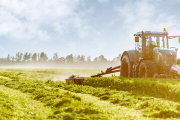 tractor makes harvesting hay for animals on a farm