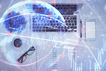 Poster - Multi exposure of forex chart drawing over table background with computer. Concept of financial research and analysis. Top view.