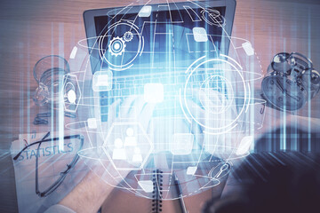 Aufkleber - Double exposure of man's hands typing over computer keyboard and social network theme hologram drawing. Top view. People connection web concept.
