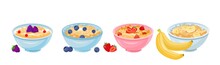 Oatmeal Porridge For Breakfast. Set Of Healthy Bowls With Cereals, Corn Flakes Berries And Fruits
