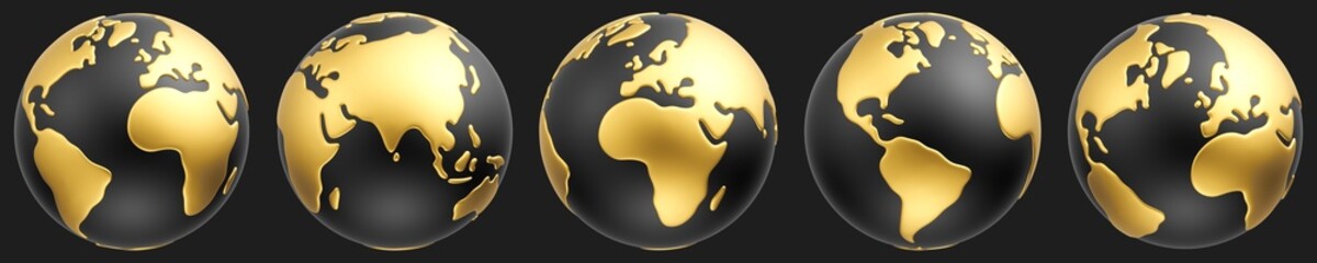 set of cartoon gold and black planet earth in different views on dark background. earth globe 3d ico