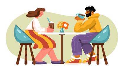 Happy couple or friends in a cafe. Drinking coffee, talking, sitting at the table, having a good time. Male and female. Full character figure. Flat hand drawn cartoon vector illustration