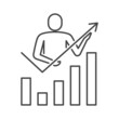 Crisis manager concept. Man with graph, diagram, arrow. Expert holding arrow up as symbol of recovery, growth, risk management, consulting. Thin line vector icon. Pixel Perfect 64x64. Editable Strokes