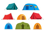 Fototapeta  - Set of tourist camp tents isolated on white background. Hiking and camping equipment icons. Vector illustration.