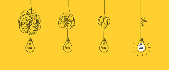 Aufkleber - One continuous line drawing of tangled and scribble wires with light bulbs. Concept of complex problem solving process and Clarifying idea in simple linear style. Editable stroke. Vector illustration