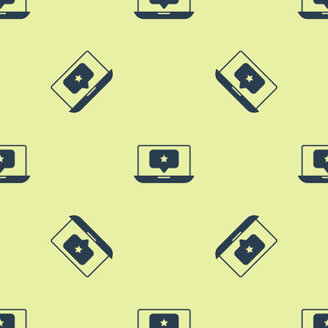 Blue Laptop with star icon isolated seamless pattern on yellow background. Favorite, best rating, award symbol. Vector
