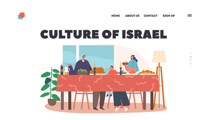 Wall Mural - Culture of Israel Landing Page Template. Happy Jewish Family with Kid Has Dinner or Celebrate Holiday. Parents and Child