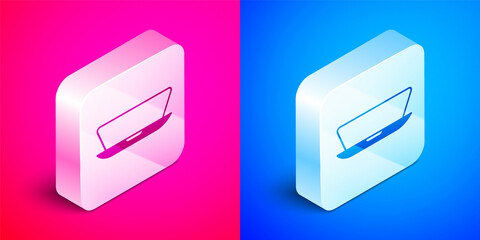 Poster - Isometric Laptop icon isolated on pink and blue background. Computer notebook with empty screen sign. Silver square button. Vector