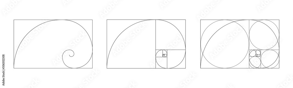 Golden ratio icon. Logarithmic spiral in rectangle frame fracted on ...