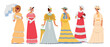 Set of Beautiful 19th Century Ladies in Elegant Gowns, Hats and Accessories. Isolated Victorian English or French Women