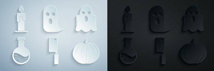 Wall Mural - Set Meat chopper, Ghost, Bottle with potion, Pumpkin, and Burning candle icon. Vector