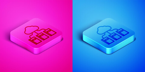 Poster - Isometric line Cloud or online library icon isolated on pink and blue background. Internet education or distance training. Square button. Vector Illustration