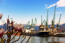 Ship Tanker And Heavy-lift Crane In The Industrial Seaport Of Batumi, Georgia