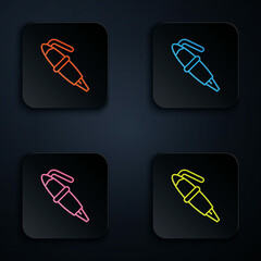 Wall Mural - Color neon line Fountain pen nib icon isolated on black background. Pen tool sign. Set icons in square buttons. Vector