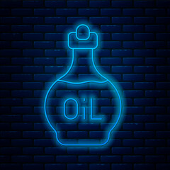 Poster - Glowing neon line Essential oil bottle icon isolated on brick wall background. Organic aromatherapy essence. Skin care serum glass drop package. Vector