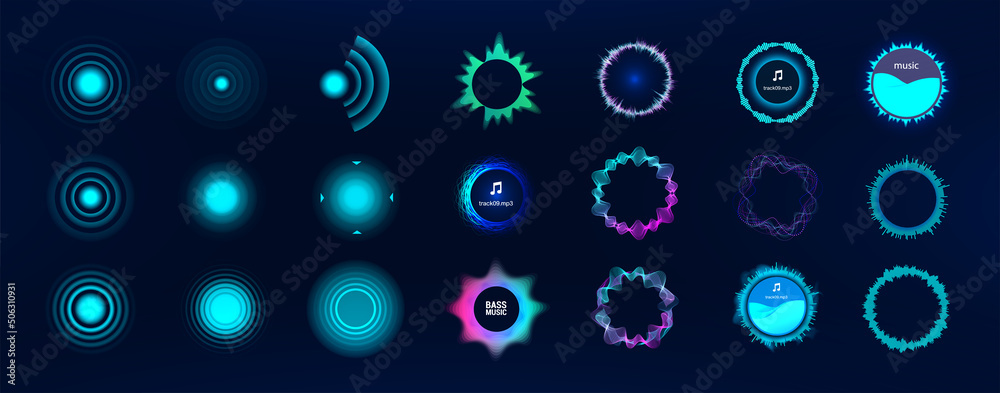 Voice signal circle elements, set audio equalizer technology, pulse ...