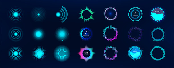 Aufkleber - Voice signal circle elements, set audio equalizer technology, pulse musical, circle sound, voice. UI futuristic elements Frequency audio waveform, music circle waves and voice graph signal in HUD