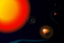 Dark Space Illustration With Orange Star And Small Moons, For Background