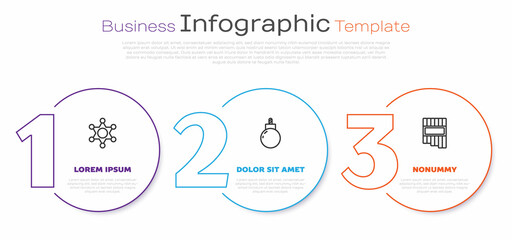 Wall Mural - Set line Hexagram sheriff, Bomb ready to explode and Pan flute. Business infographic template. Vector