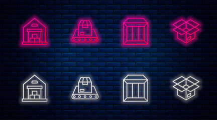 Sticker - Set line Conveyor belt with box, Carton cardboard, Warehouse and Unboxing. Glowing neon icon on brick wall. Vector