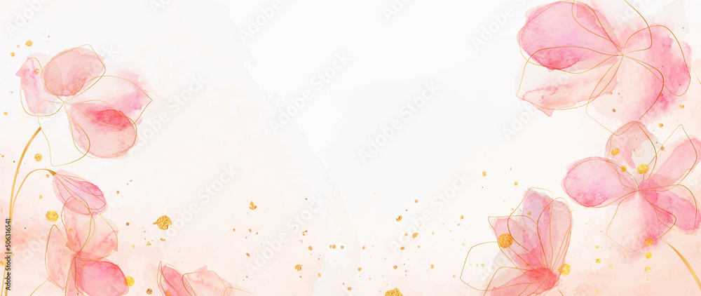 Abstract watercolor art background with pink flowers with golden line ...