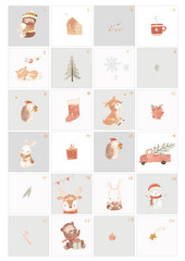 Advent calendar. Watercolor illustration for kids