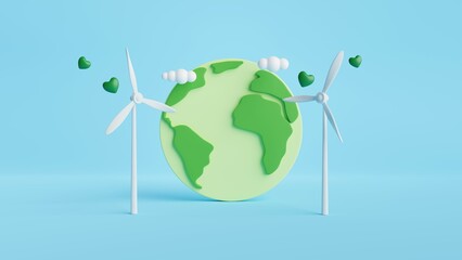 Aufkleber - Earth, Wind turbine and Hearts on pastel color background.Minimal scene for mockup design. 3D rendering illustration.