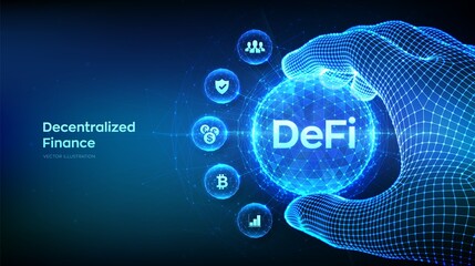 Wall Mural - DeFi. Decentralized Finance. Blockchain, decentralized financial system in the shape of polygonal sphere in wireframe hand. Business technology concept on blue background. Vector illustration.