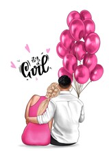 The Couple Hugs And Holds Pink Balloons. Waiting For A Child. It's A Girl!
