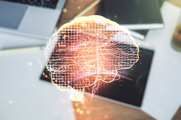 Aufkleber - Creative artificial Intelligence concept with human brain hologram and modern digital tablet on background, top view. Multiexposure