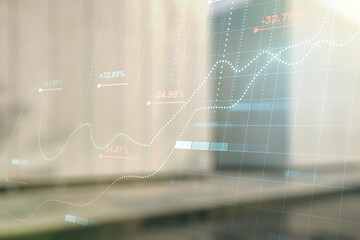 Poster - Multi exposure of stats data illustration on blurry modern office building background, computing and analytics concept