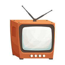 Retro Tv Box With Antenna In Cartoon Style Isolated On White Background. Television Old Analog, Detailed With Screen And Buttons.