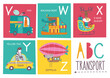 © Alena - Cute vector alphabet with animals and transport in cartoon style. V, W, X, Y, Z. Part 5.