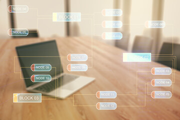 Poster - Double exposure of abstract programming language on laptop background, research and development concept