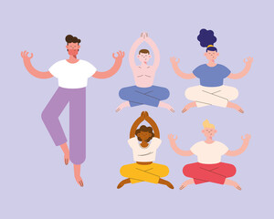 Wall Mural - five persons practicing yoga