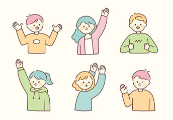 Poster - characters with cute faces have positive expressions. people are raising their hands in various pose
