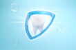 Clean healthy Teeth and Protect Shield on blue background. 3D rendering