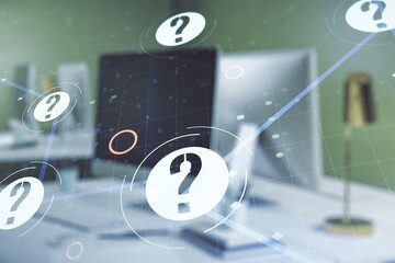 Aufkleber - Creative concept of question mark illustration on modern laptop background. FAQ and search concept. Multiexposure