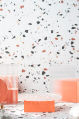 Aufkleber - Peace geometric pedstal on terrazzo background with summer sunlight and green leaf