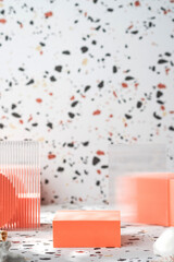 Aufkleber - peach geometric pedestal and transparency acrylic on terrazzo background with summer sunlight