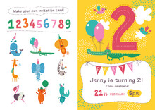 Birthday Invitation. Collection Of Cute Animals And Numbers In Childish Style For Designing Own Posters And Invitation Cards.Vector Isolated Illustration.
